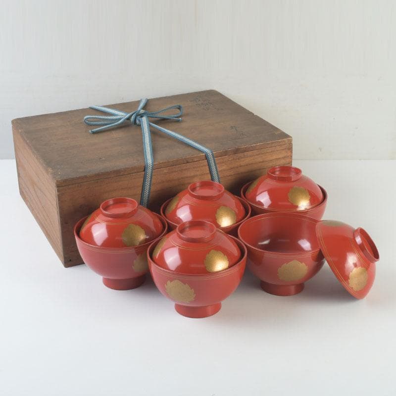 和食器　時代漆器　塗師　長野横笛作　金襴手花蒔絵　吸物椀　五客　共箱　C9788